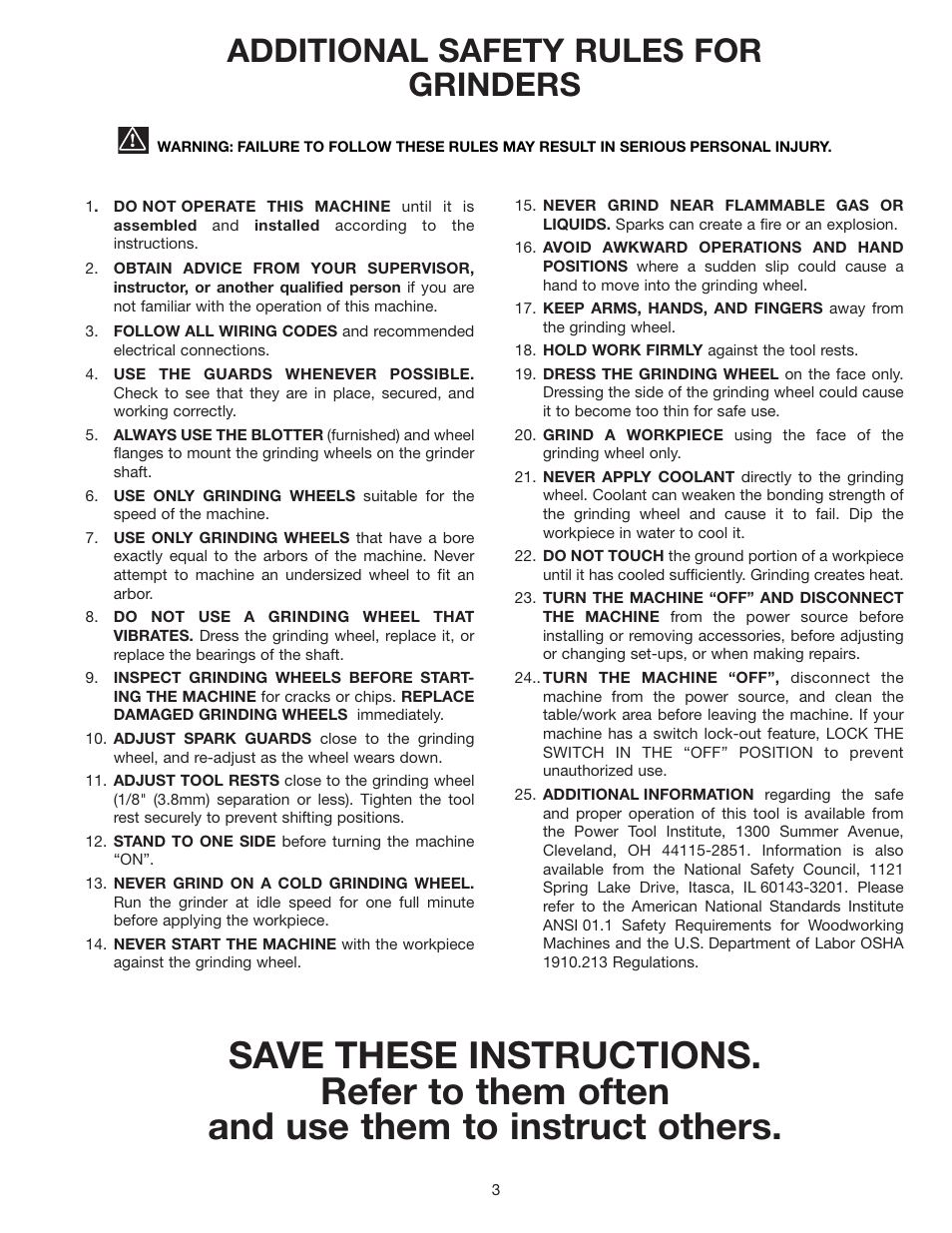 Additional safety rules for grinders | Delta SHOPMASTER GR250 User Manual | Page 3 / 12