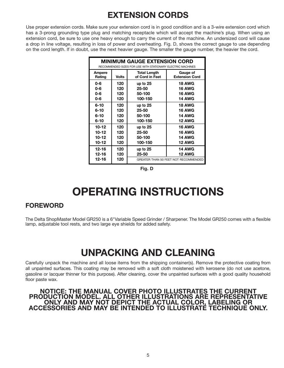 Operating instructions, Unpacking and cleaning, Extension cords | Foreword | Delta SHOPMASTER GR250 User Manual | Page 5 / 12