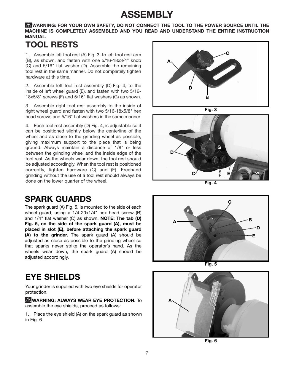 Assembly, Tool rests, Spark guards | Eye shields | Delta SHOPMASTER GR250 User Manual | Page 7 / 12