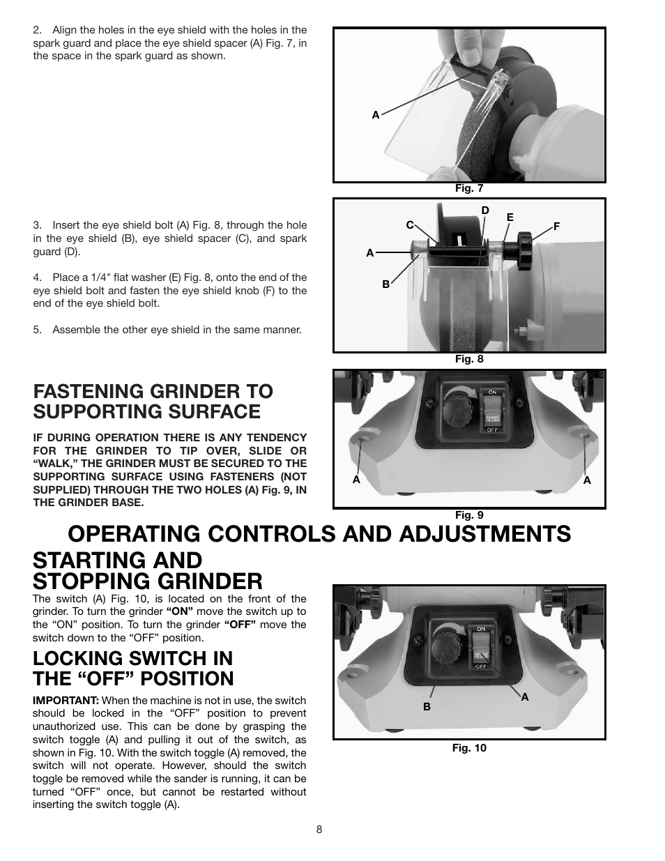 Fastening grinder to supporting surface, Locking switch in the “off” position | Delta SHOPMASTER GR250 User Manual | Page 8 / 12