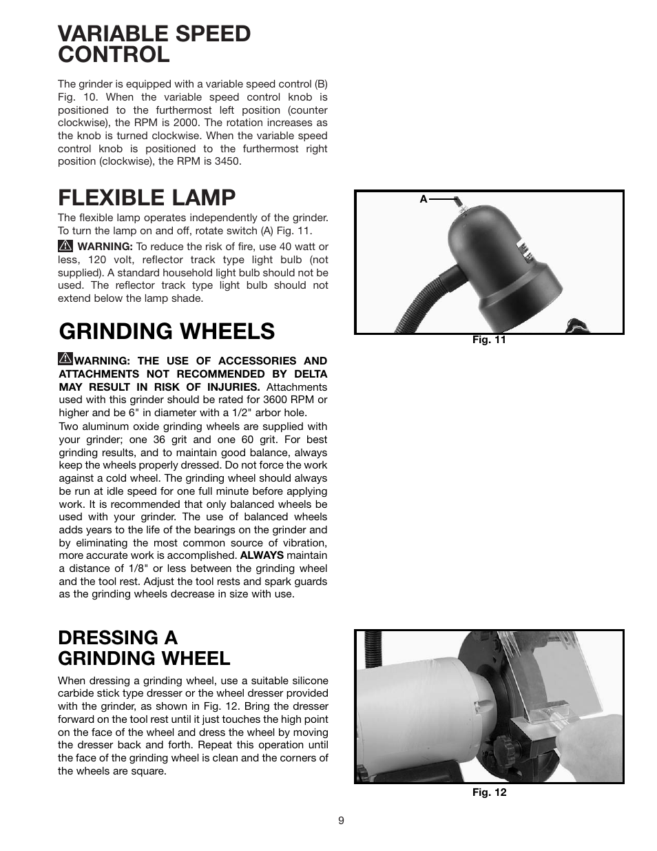 Variable speed control, Flexible lamp, Grinding wheels | Dressing a grinding wheel | Delta SHOPMASTER GR250 User Manual | Page 9 / 12