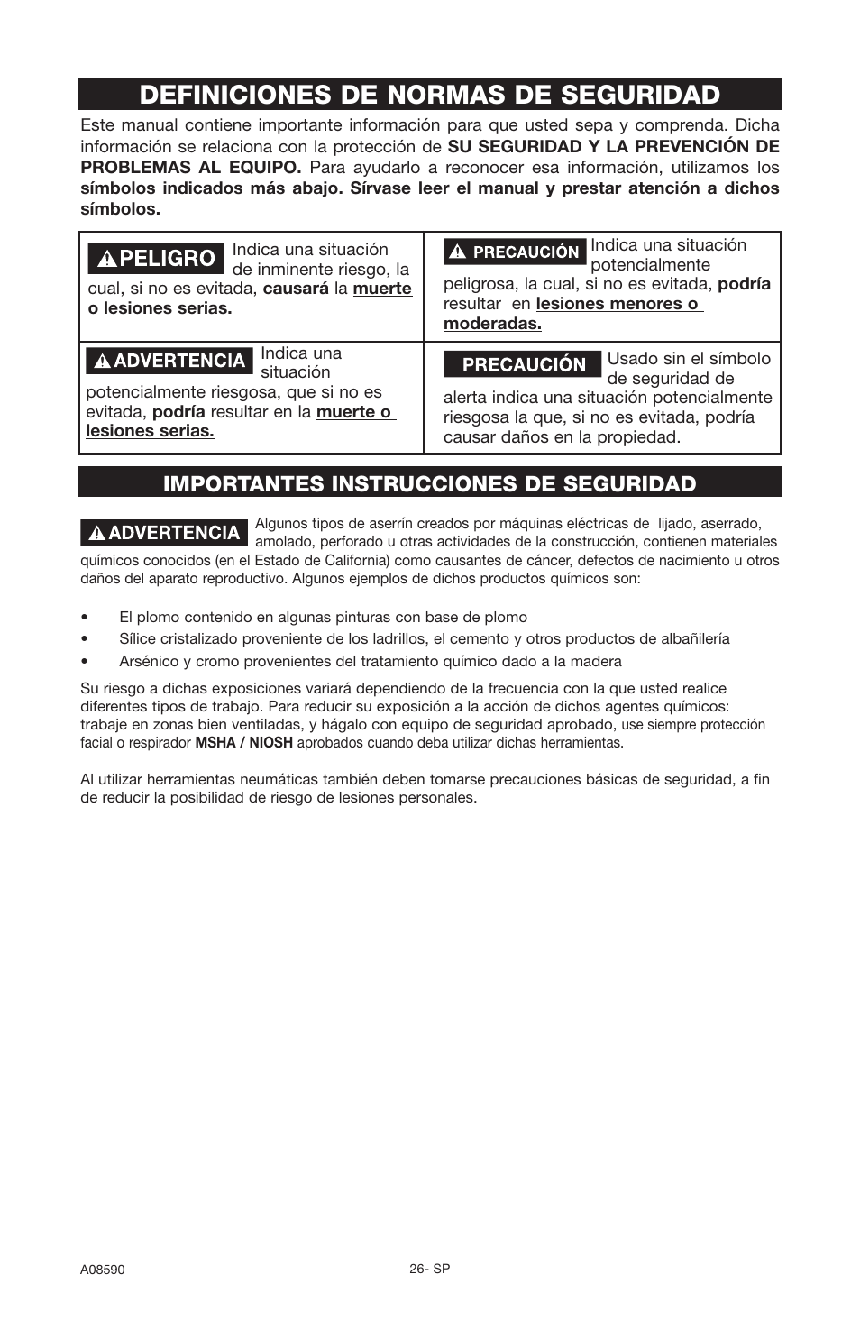 Definiciones de normas de seguridad, Importantes instrucciones de seguridad | Delta A08590 User Manual | Page 22 / 60
