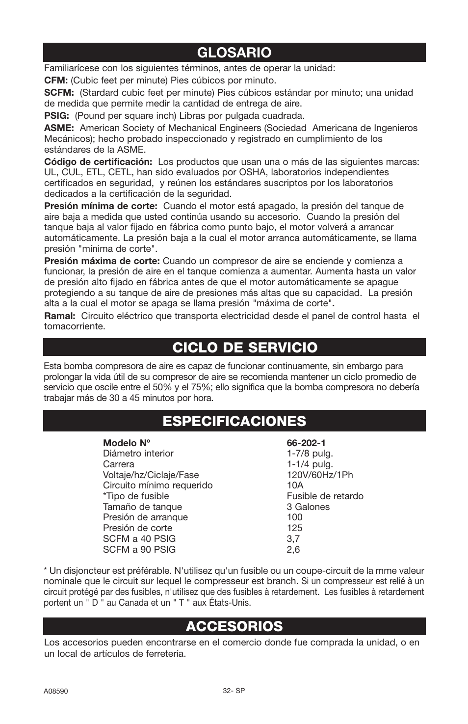 Accesorios, Glosario ciclo de servicio, Especificaciones | Delta A08590 User Manual | Page 28 / 60