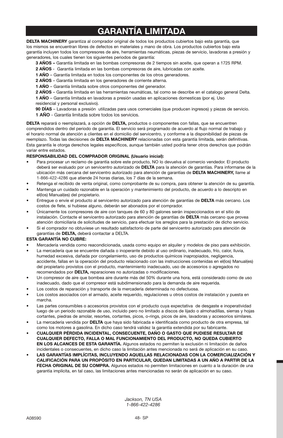Garantía limitada | Delta A08590 User Manual | Page 40 / 60
