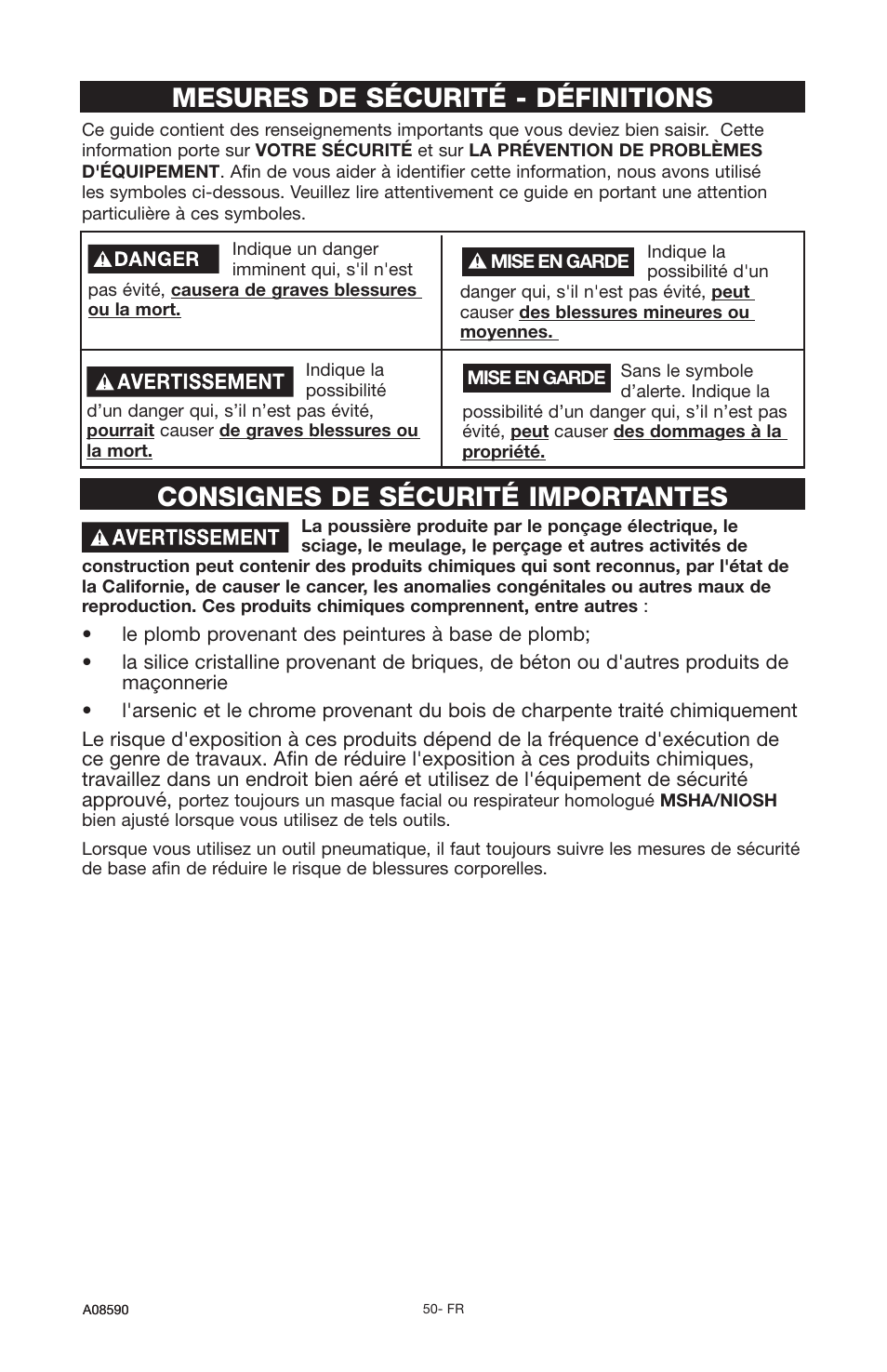 Consignes de sécurité importantes, Mesures de sécurité - définitions | Delta A08590 User Manual | Page 42 / 60