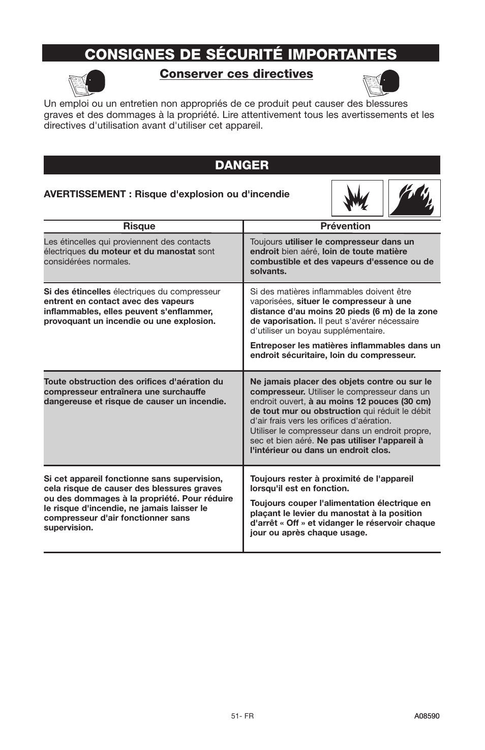 Consignes de sécurité importantes, Danger, Conserver ces directives | Delta A08590 User Manual | Page 43 / 60