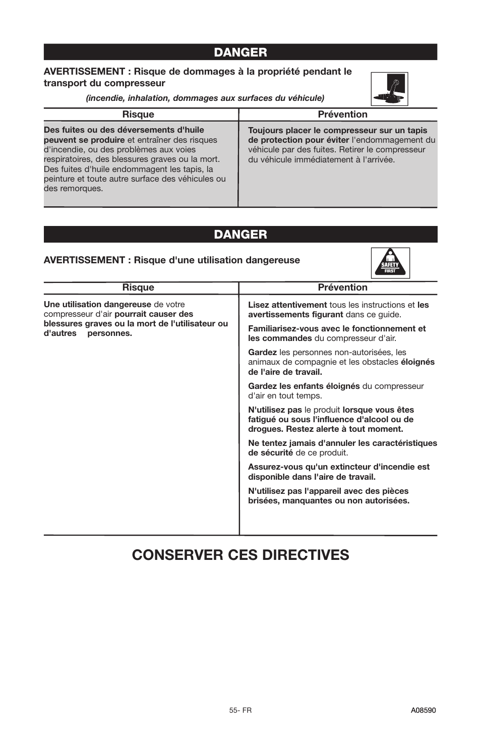 Conserver ces directives, Danger | Delta A08590 User Manual | Page 47 / 60
