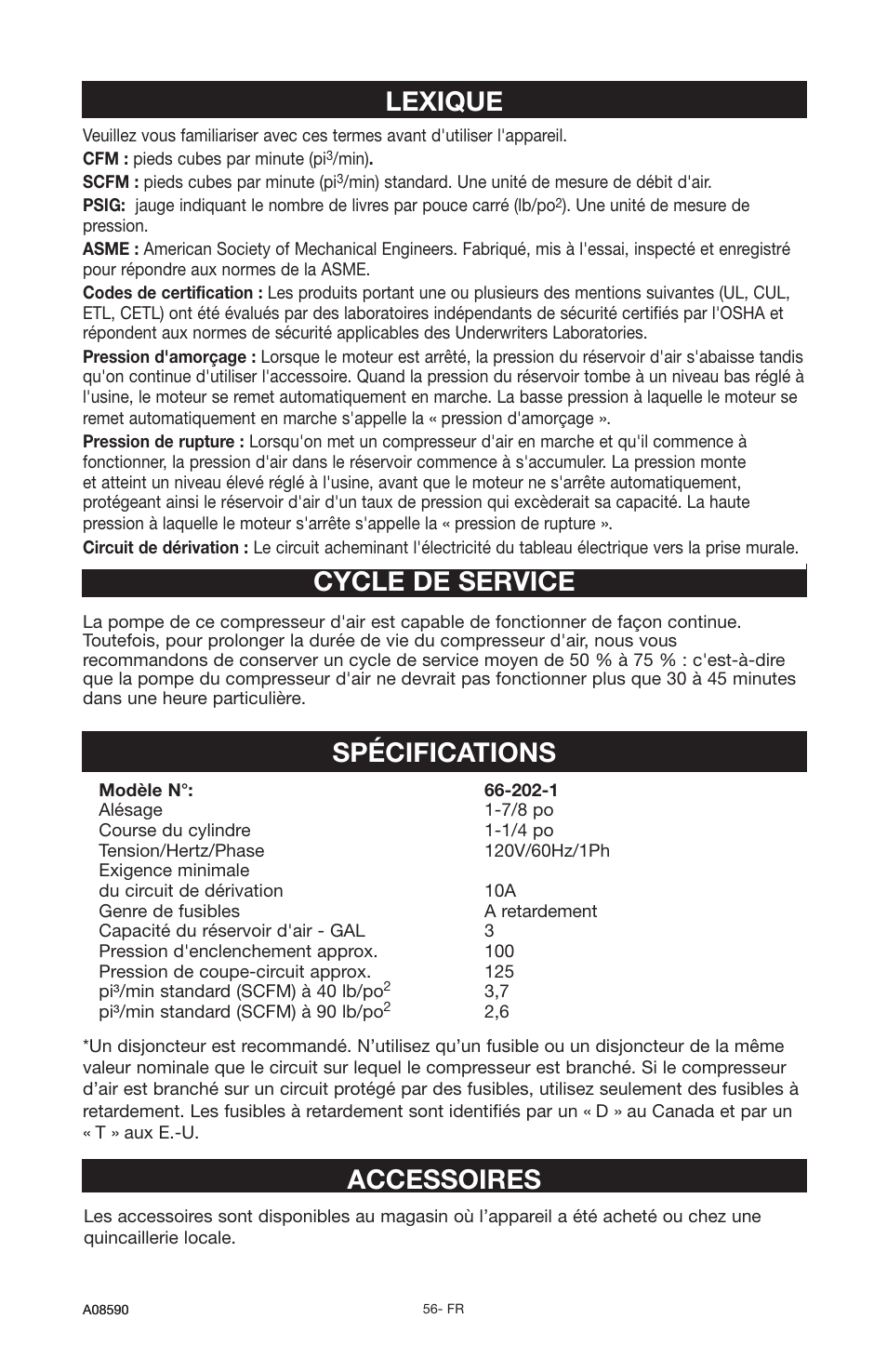 Lexique cycle de service, Accessoires spécifications | Delta A08590 User Manual | Page 48 / 60