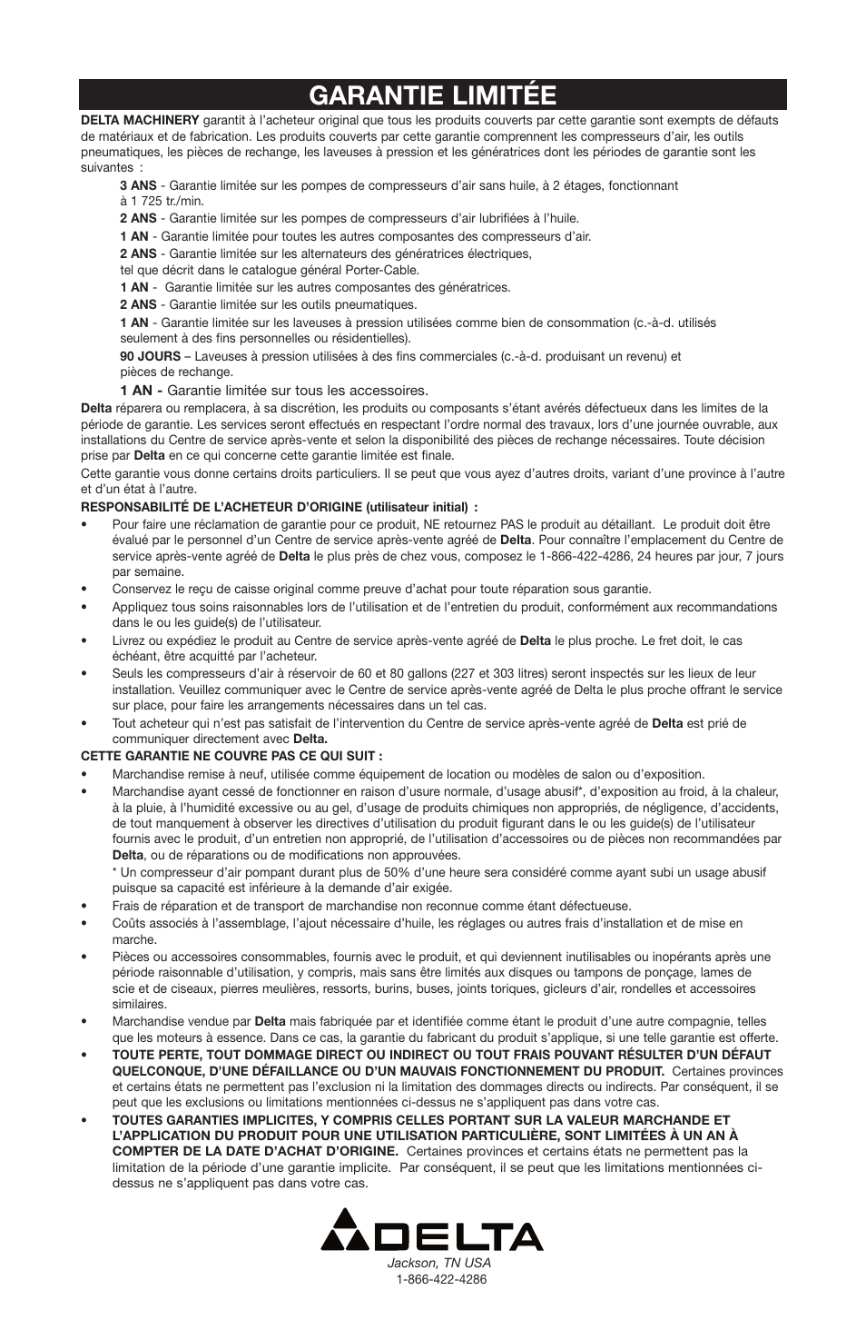 Garantie limitée | Delta A08590 User Manual | Page 60 / 60