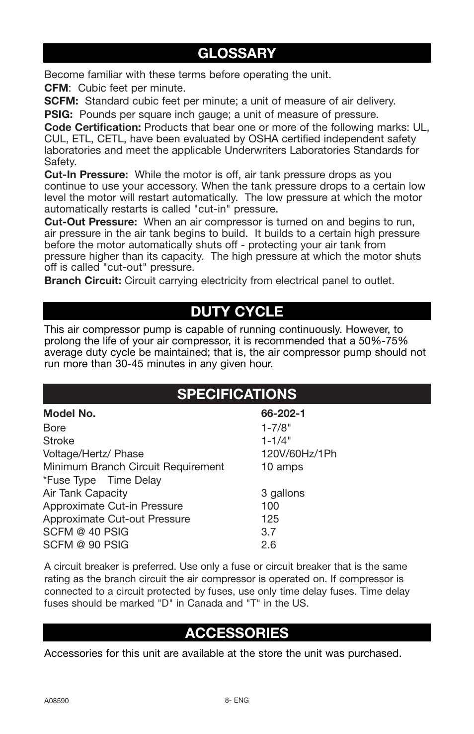 Specifications glossary duty cycle accessories | Delta A08590 User Manual | Page 8 / 60