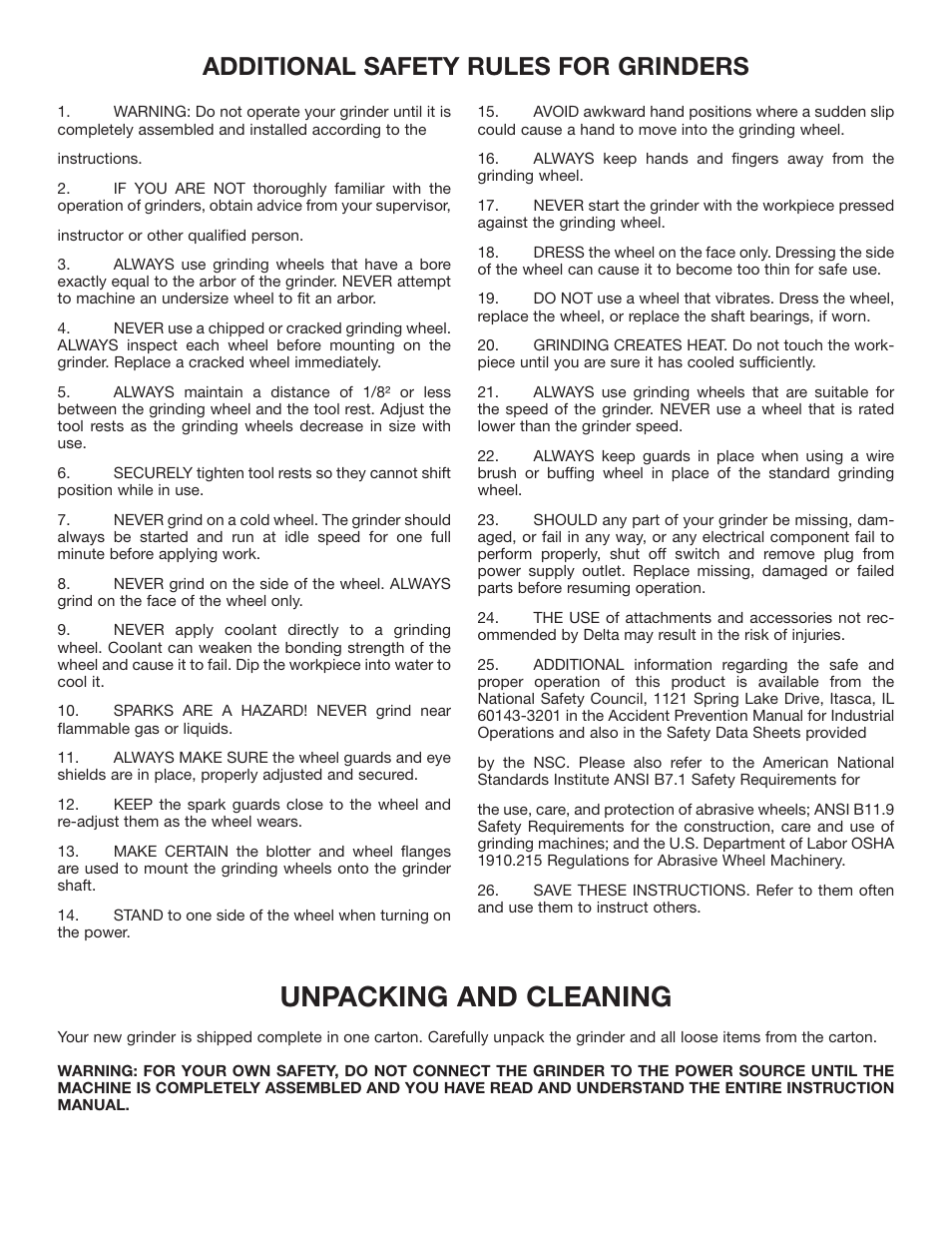Unpacking and cleaning, Additional safety rules for grinders | Delta 23-880 User Manual | Page 3 / 8