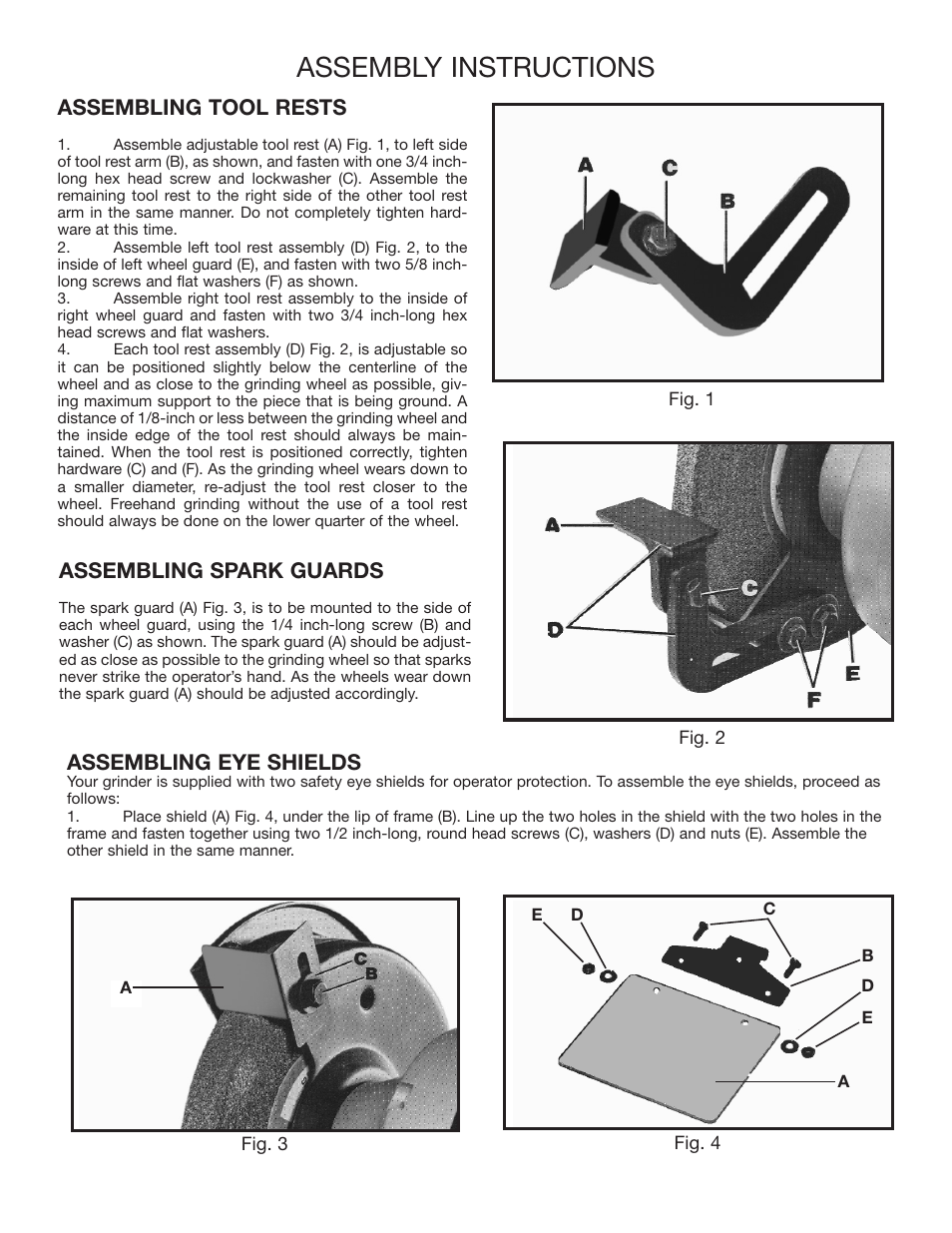 Assembly instructions, Assembling tool rests, Assembling spark guards | Assembling eye shields | Delta 23-880 User Manual | Page 4 / 8