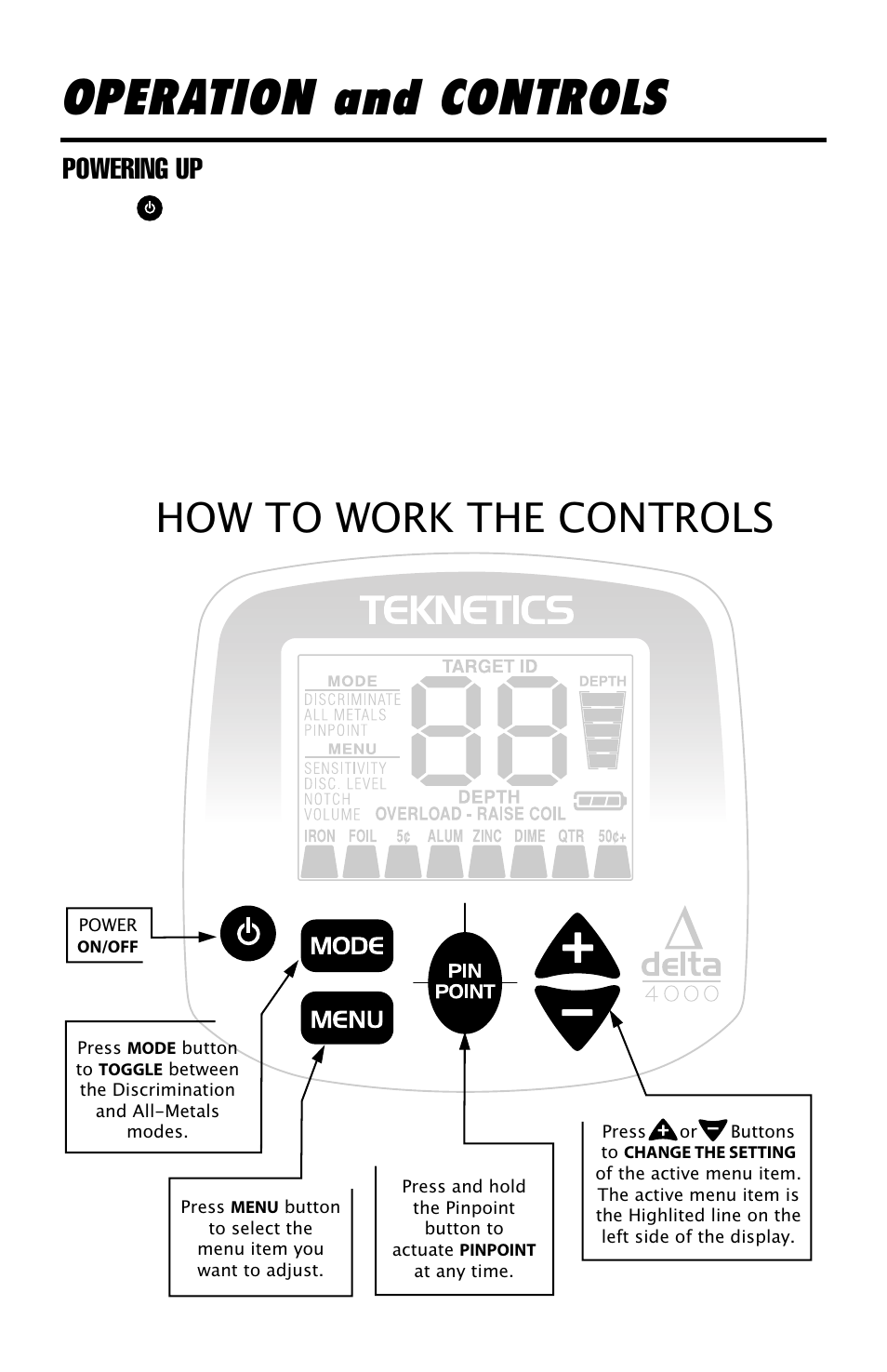 Operation and controls, How to work the controls, Powering up | Delta 4000 Metal Detector User Manual | Page 10 / 20