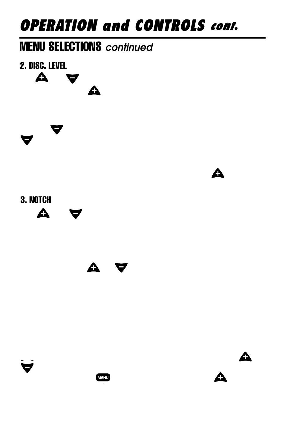 Operation and controls, Cont, Menu selections | Continued | Delta 4000 Metal Detector User Manual | Page 12 / 20