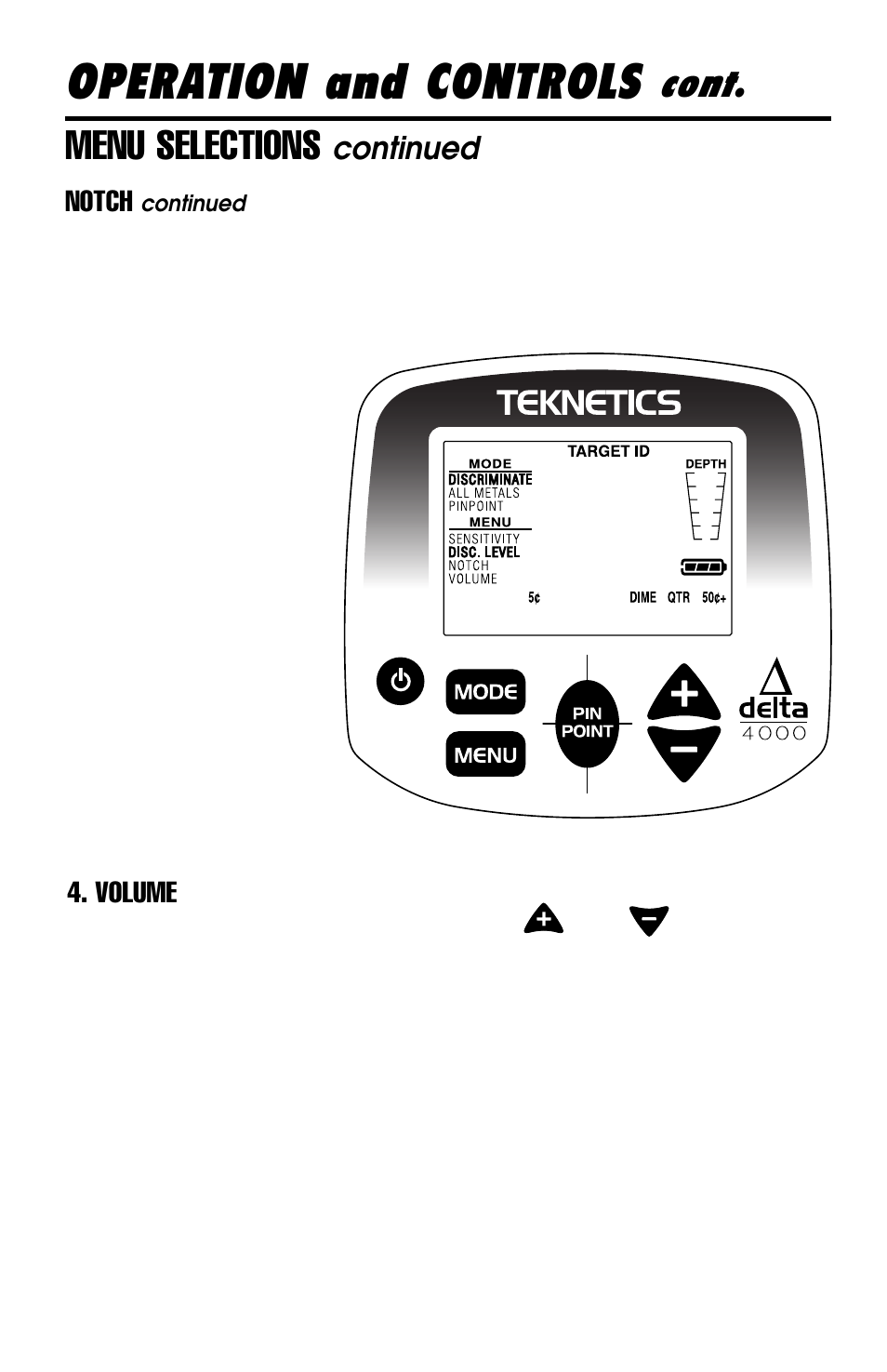 Operation and controls, Cont, Menu selections | Continued | Delta 4000 Metal Detector User Manual | Page 13 / 20