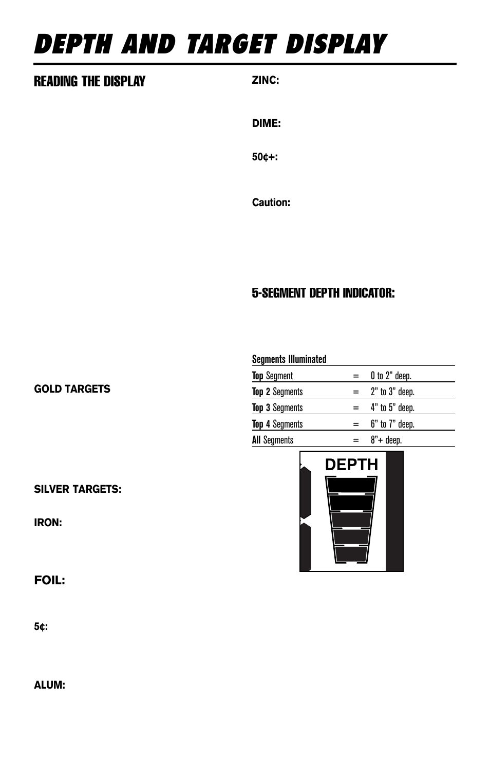 Depth and target display, Reading the display, Segment depth indicator | Delta 4000 Metal Detector User Manual | Page 18 / 20