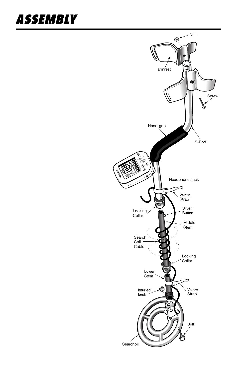 Assembly, Adjusting the arm rest, Arm rest strap | Delta 4000 Metal Detector User Manual | Page 5 / 20