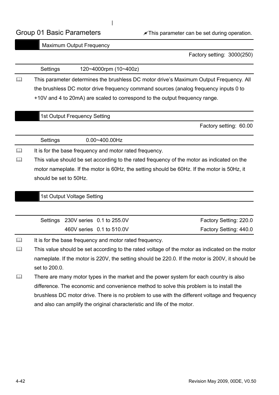 Group 01 basic parameters | Delta BLD-E1 brushless DC motor drive BLD-E1 Series User Manual | Page 83 / 186