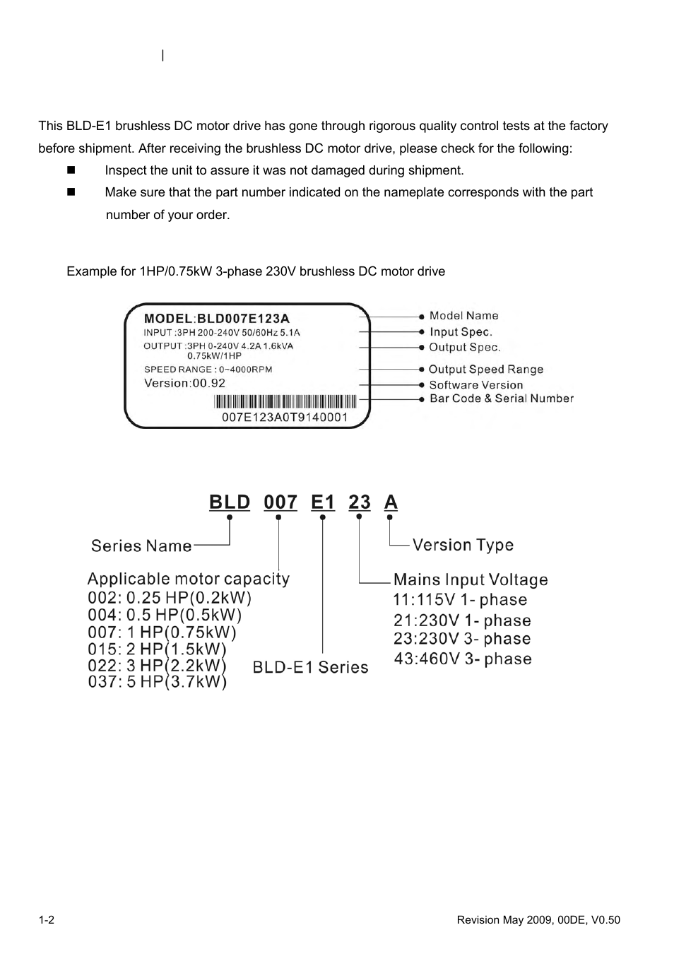 1 receiving and inspection, 1 nameplate information, 2 model explanation | Delta BLD-E1 brushless DC motor drive BLD-E1 Series User Manual | Page 9 / 186