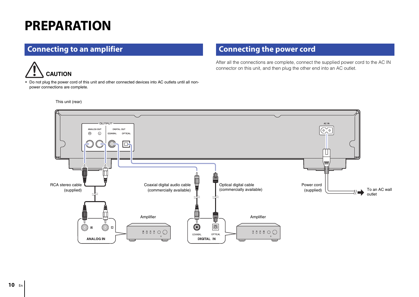 Preparation, Connecting to an amplifier, Connecting the power cord | Yamaha CD-S303 CD Player (Black) User Manual | Page 10 / 48