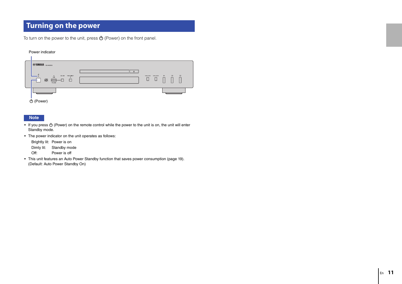 Turning on the power | Yamaha CD-S303 CD Player (Black) User Manual | Page 11 / 48