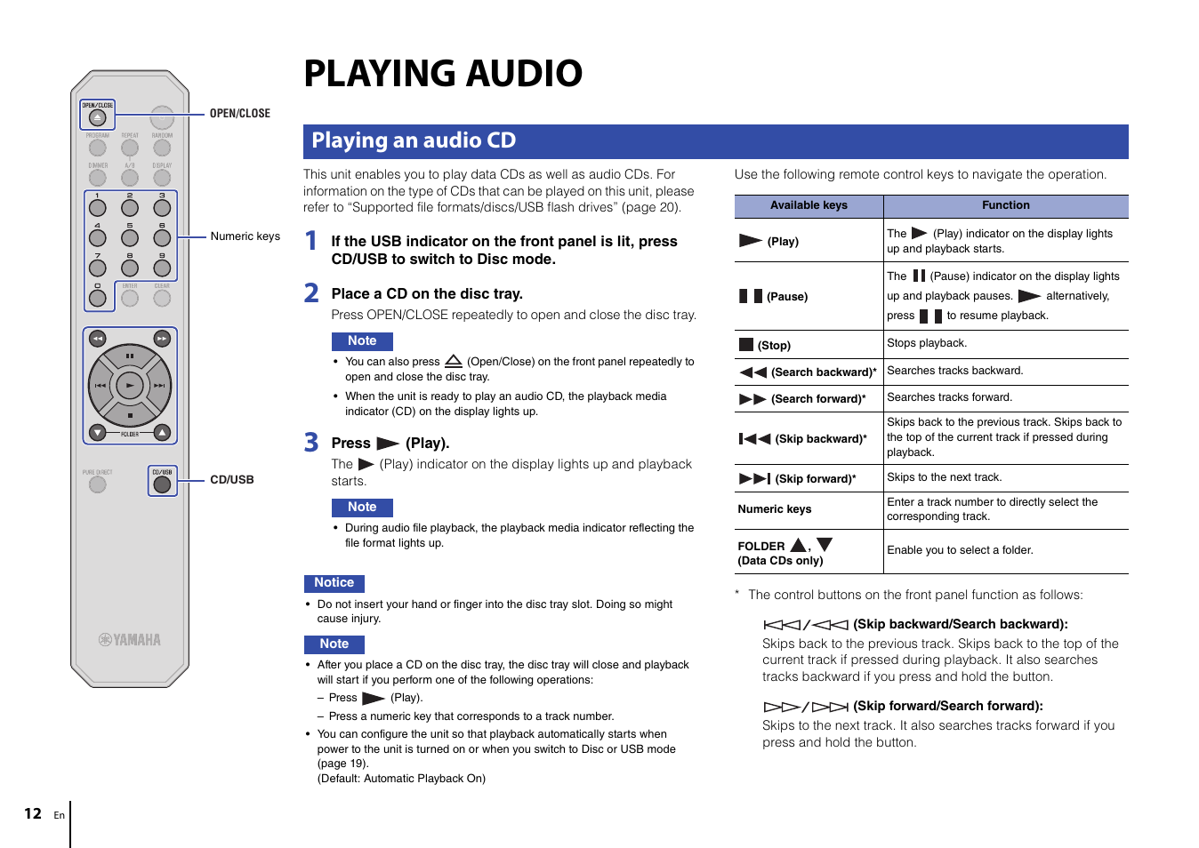 Playing audio, Playing an audio cd | Yamaha CD-S303 CD Player (Black) User Manual | Page 12 / 48