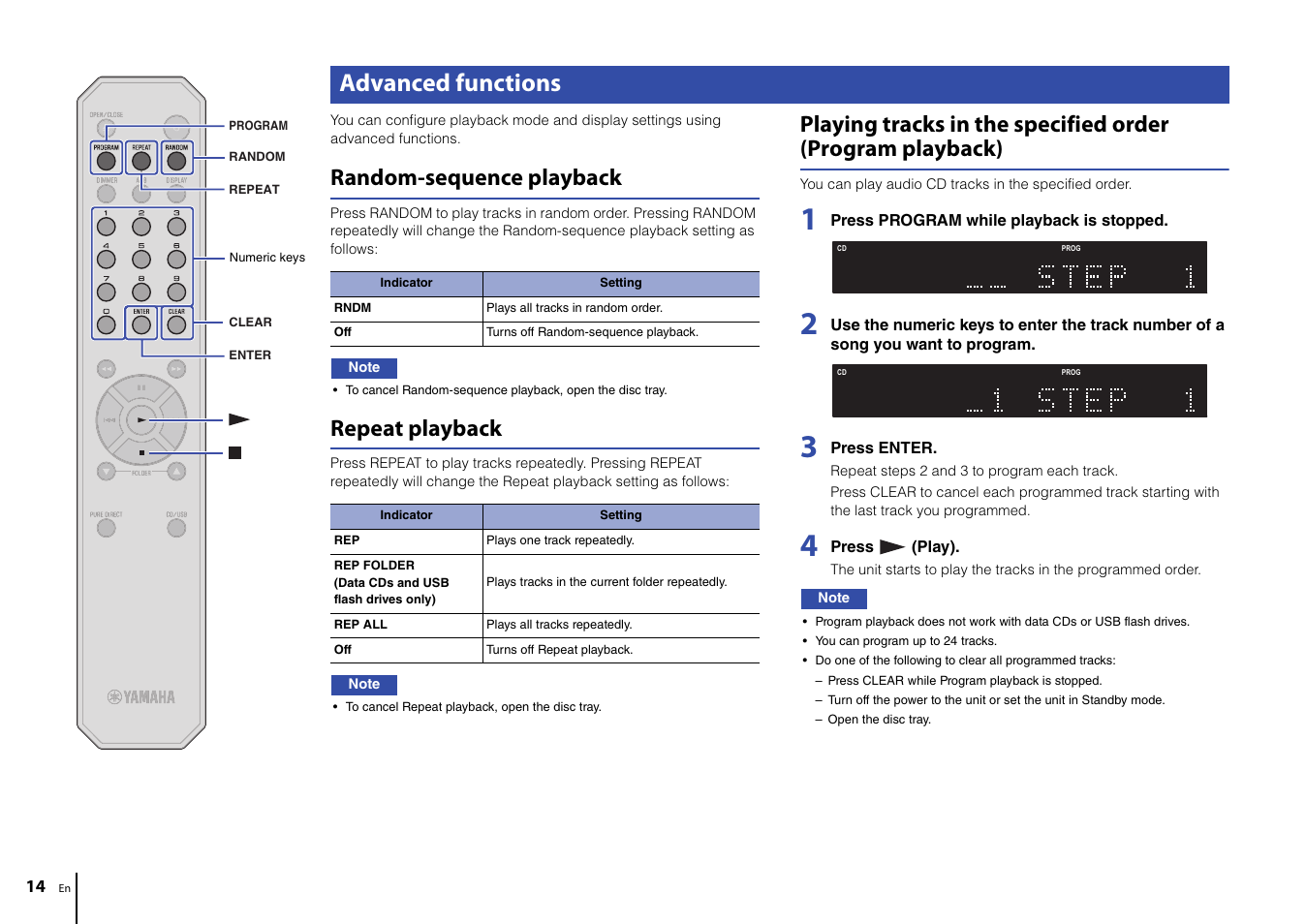 Advanced functions, Random-sequence playback, Repeat playback | Yamaha CD-S303 CD Player (Black) User Manual | Page 14 / 48