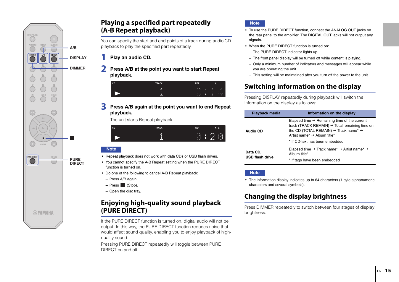 Enjoying high-quality sound playback (pure direct), Switching information on the display, Changing the display brightness | Yamaha CD-S303 CD Player (Black) User Manual | Page 15 / 48