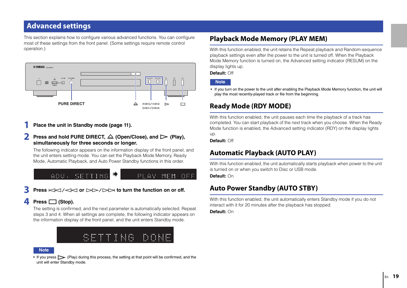 Advanced settings, Playback mode memory (play mem), Ready mode (rdy mode) | Automatic playback (auto play), Auto power standby (auto stby) | Yamaha CD-S303 CD Player (Black) User Manual | Page 19 / 48