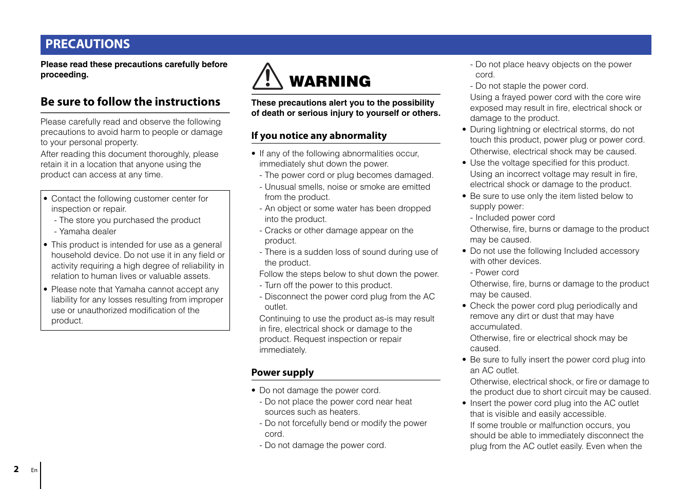 English, Warning, Precautions | Be sure to follow the instructions | Yamaha CD-S303 CD Player (Black) User Manual | Page 2 / 48