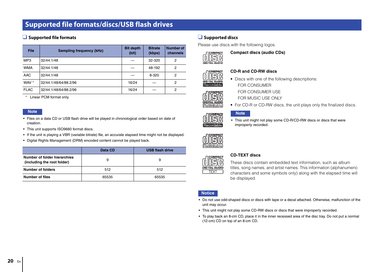 Supported file formats/discs/usb flash drives | Yamaha CD-S303 CD Player (Black) User Manual | Page 20 / 48