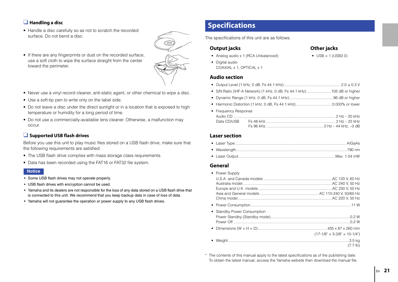 Specifications, General, Output jacks | Other jacks | Yamaha CD-S303 CD Player (Black) User Manual | Page 21 / 48