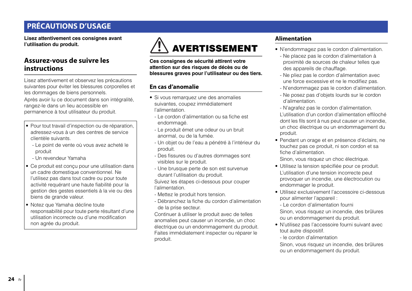 Français, Avertissement, Précautions d’usage | Assurez-vous de suivre les instructions | Yamaha CD-S303 CD Player (Black) User Manual | Page 24 / 48