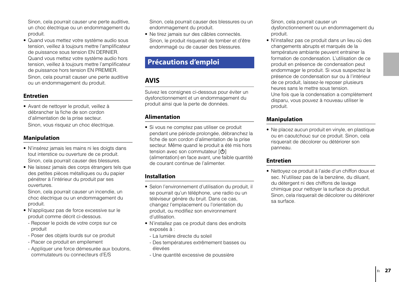 Précautions d’emploi, Avis | Yamaha CD-S303 CD Player (Black) User Manual | Page 27 / 48