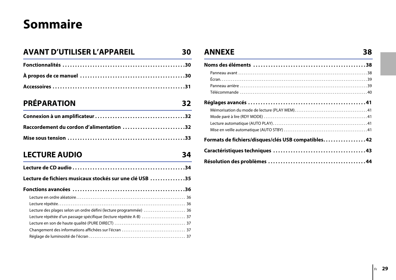 Sommaire, Avant d’utiliser l’appareil 30, Préparation 32 | Lecture audio 34, Annexe 38 | Yamaha CD-S303 CD Player (Black) User Manual | Page 29 / 48