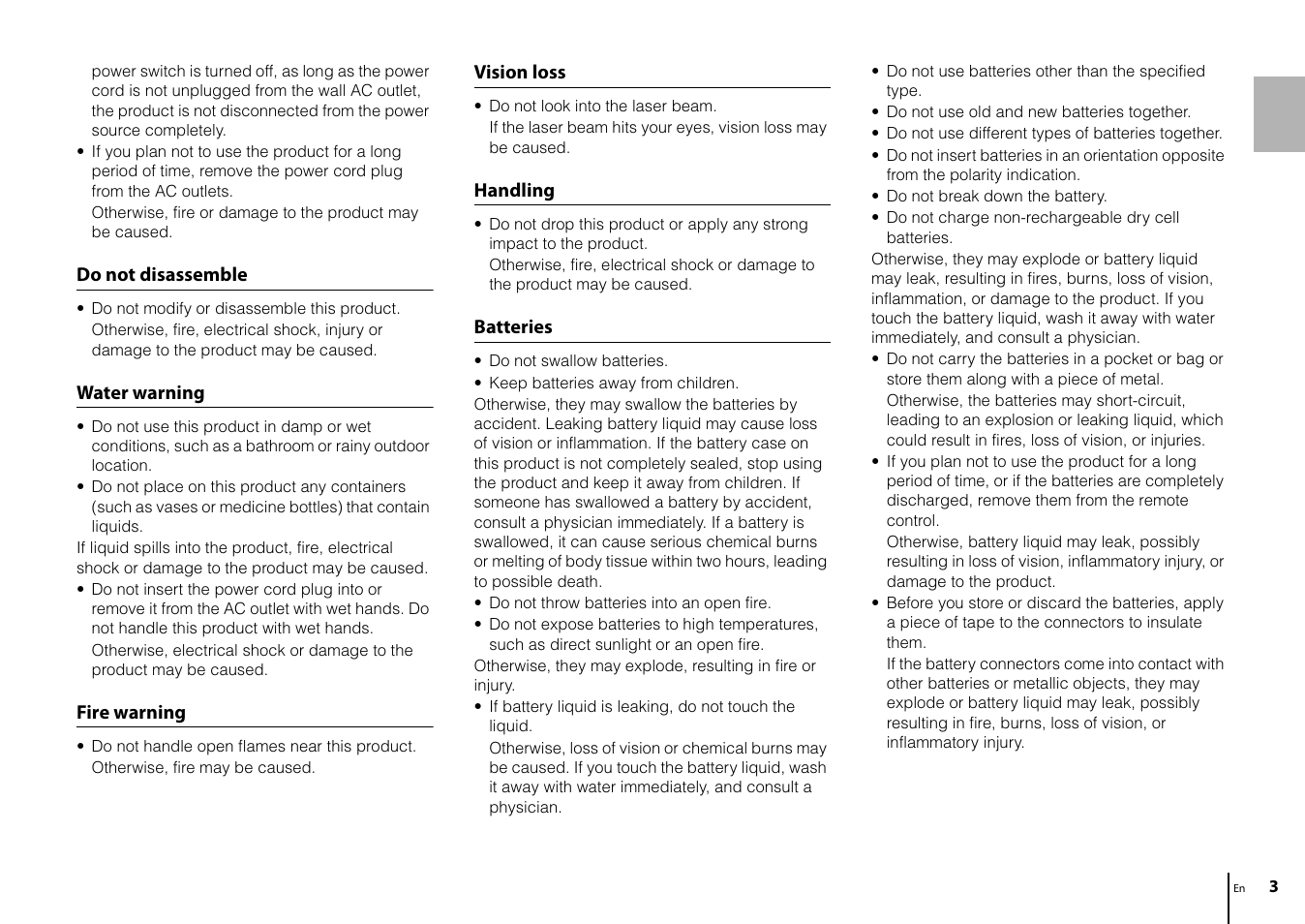 Do not disassemble, Water warning, Fire warning | Vision loss, Handling, Batteries | Yamaha CD-S303 CD Player (Black) User Manual | Page 3 / 48