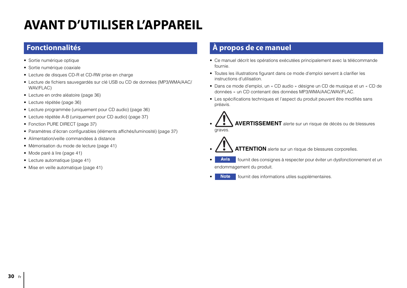 Avant d’utiliser l’appareil, Fonctionnalités, À propos de ce manuel | Fonctionnalités à propos de ce manuel | Yamaha CD-S303 CD Player (Black) User Manual | Page 30 / 48