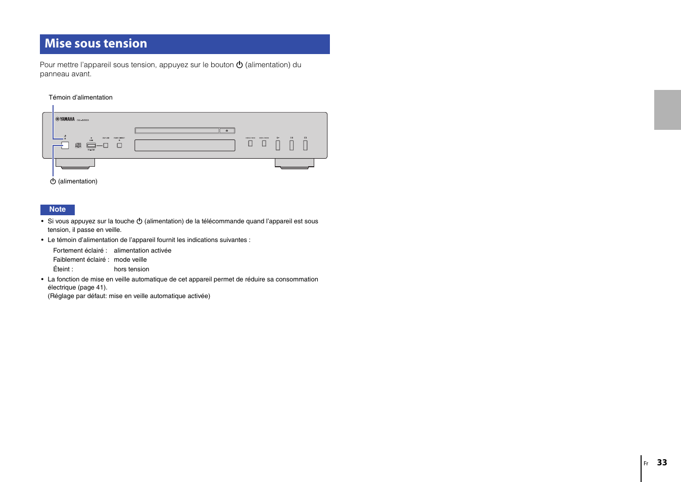 Mise sous tension | Yamaha CD-S303 CD Player (Black) User Manual | Page 33 / 48