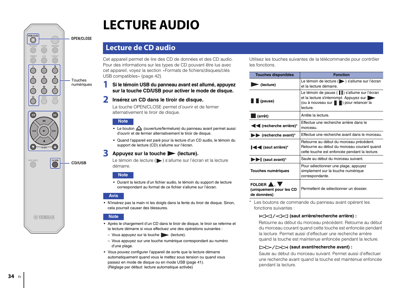 Lecture audio, Lecture de cd audio | Yamaha CD-S303 CD Player (Black) User Manual | Page 34 / 48