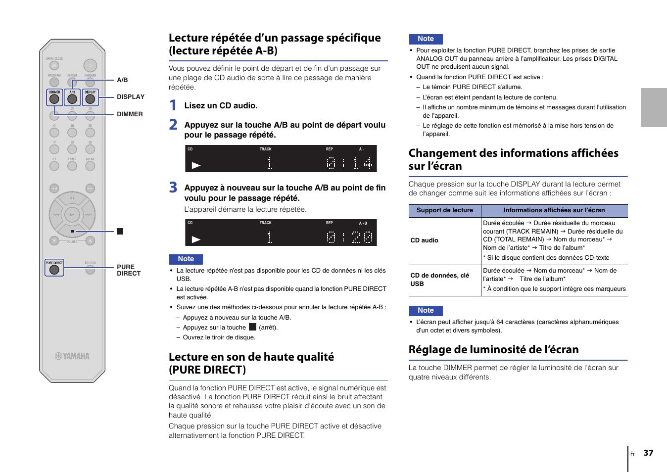 Lecture en son de haute qualité (pure direct), Changement des informations affichées sur l’écran, Réglage de luminosité de l’écran | Yamaha CD-S303 CD Player (Black) User Manual | Page 37 / 48