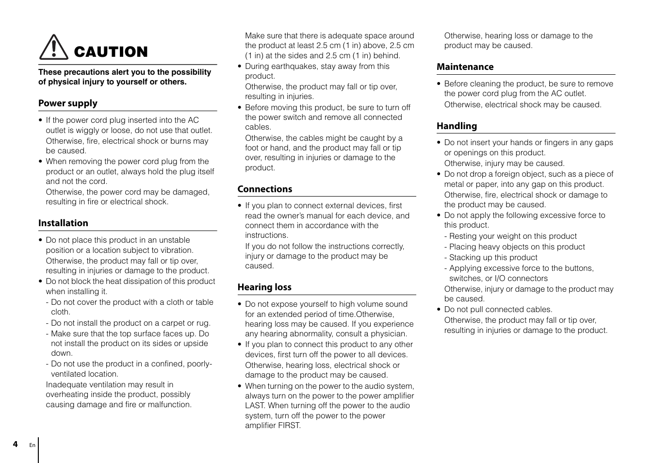 Caution | Yamaha CD-S303 CD Player (Black) User Manual | Page 4 / 48