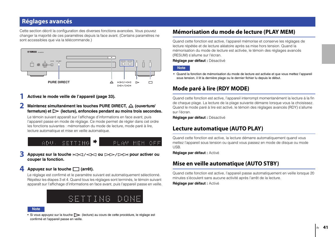 Réglages avancés, Mémorisation du mode de lecture (play mem), Mode paré à lire (rdy mode) | Lecture automatique (auto play), Mise en veille automatique (auto stby) | Yamaha CD-S303 CD Player (Black) User Manual | Page 41 / 48