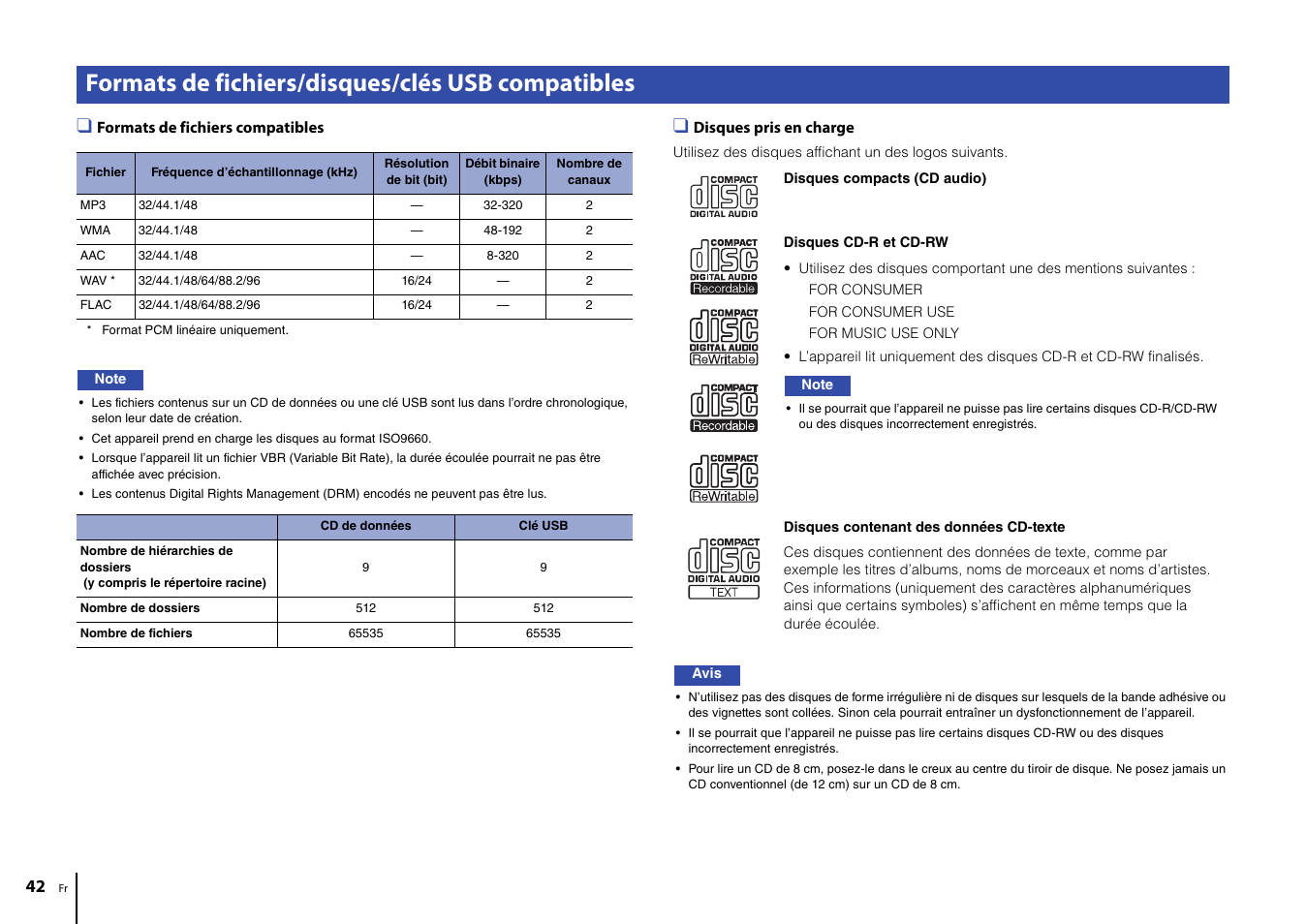 Formats de fichiers/disques/clés usb compatibles | Yamaha CD-S303 CD Player (Black) User Manual | Page 42 / 48