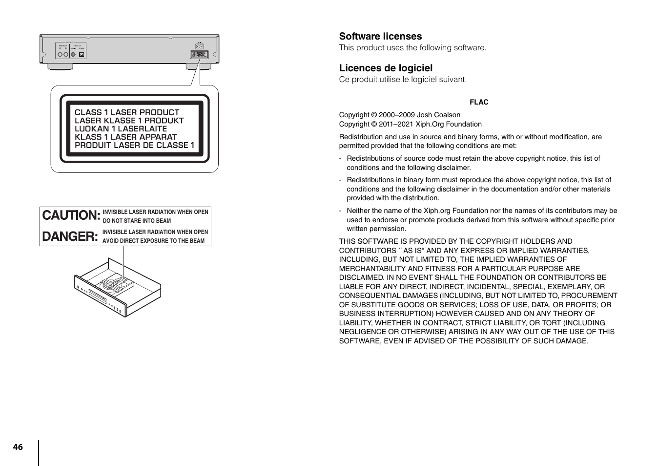 Software licenses, Licences de logiciel | Yamaha CD-S303 CD Player (Black) User Manual | Page 46 / 48