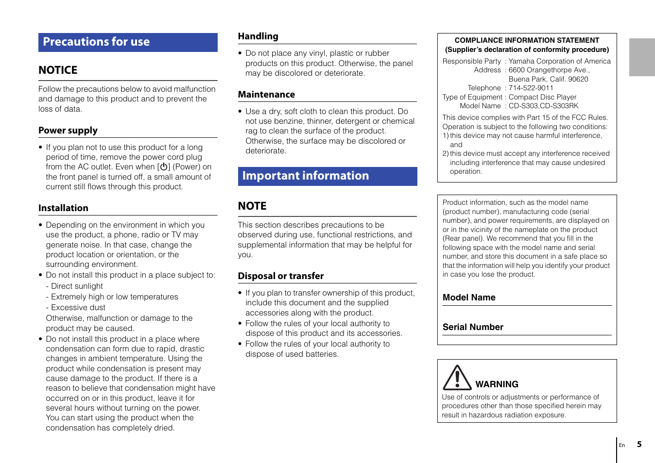 Precautions for use important information, Notice, Power supply | Installation, Handling, Maintenance, Disposal or transfer | Yamaha CD-S303 CD Player (Black) User Manual | Page 5 / 48