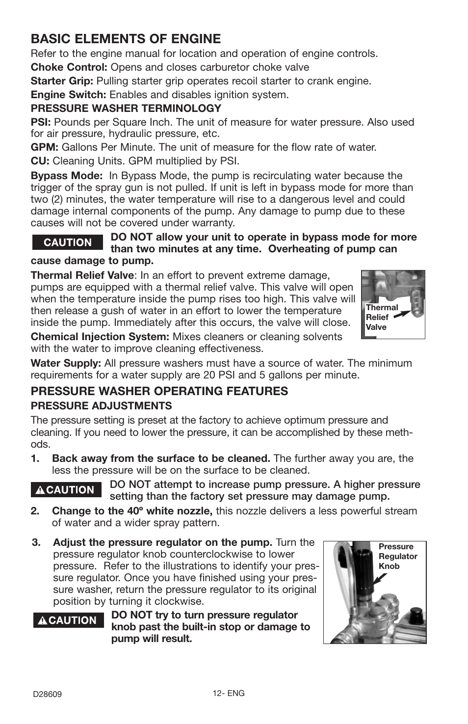 Basic elements of engine, Pressure washer operating features | Delta D28609 User Manual | Page 12 / 22