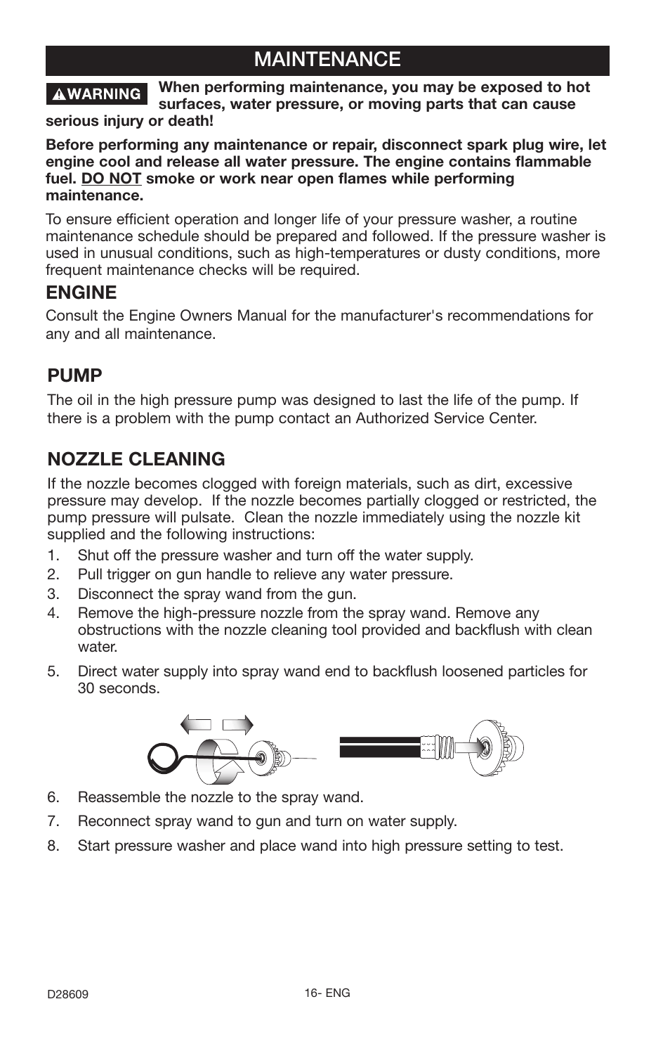 Maintenance, Nozzle cleaning, Engine | Pump | Delta D28609 User Manual | Page 16 / 22