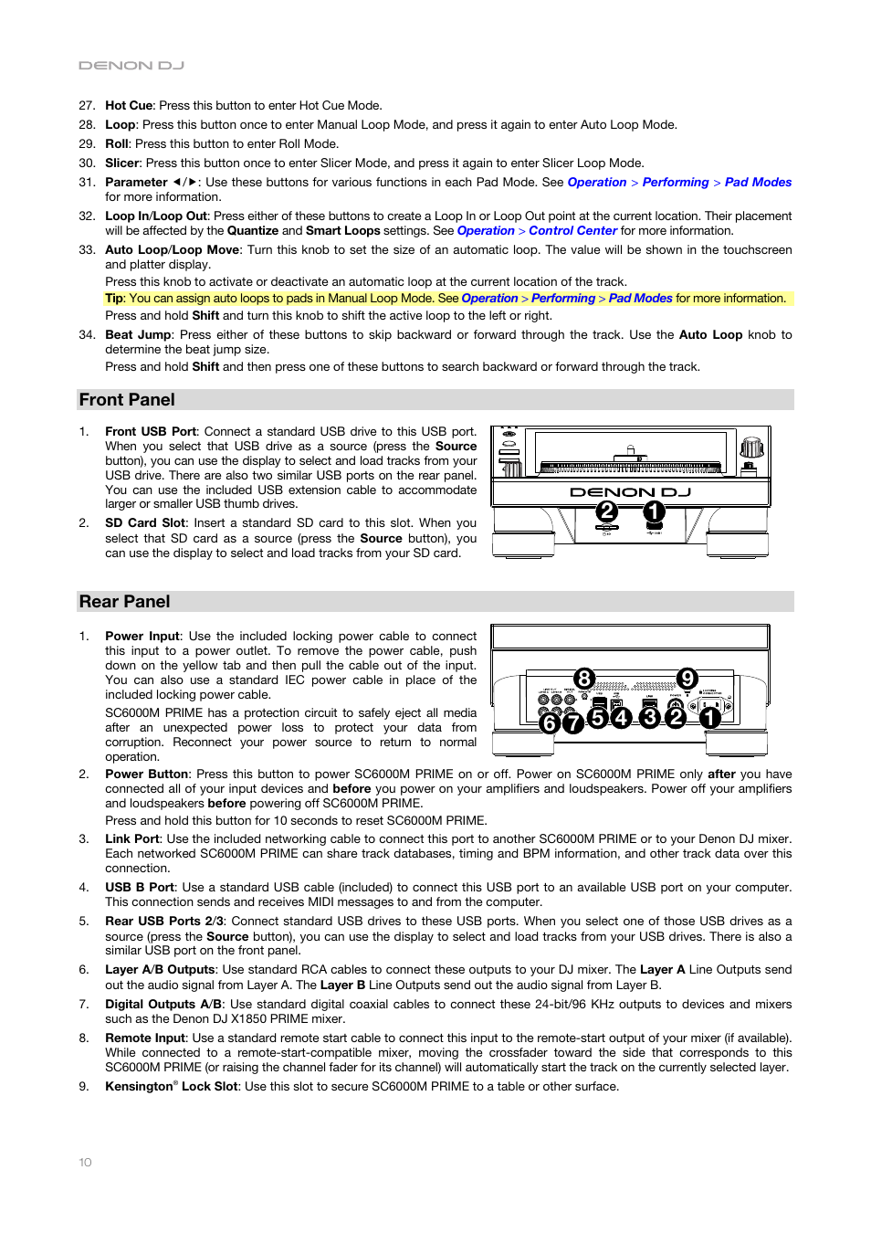 Front panel, Rear panel | Denon DJ DJ SC6000M Prime Dual-Layer Media Player with 10.1" Multi-Touch Display User Manual | Page 10 / 96