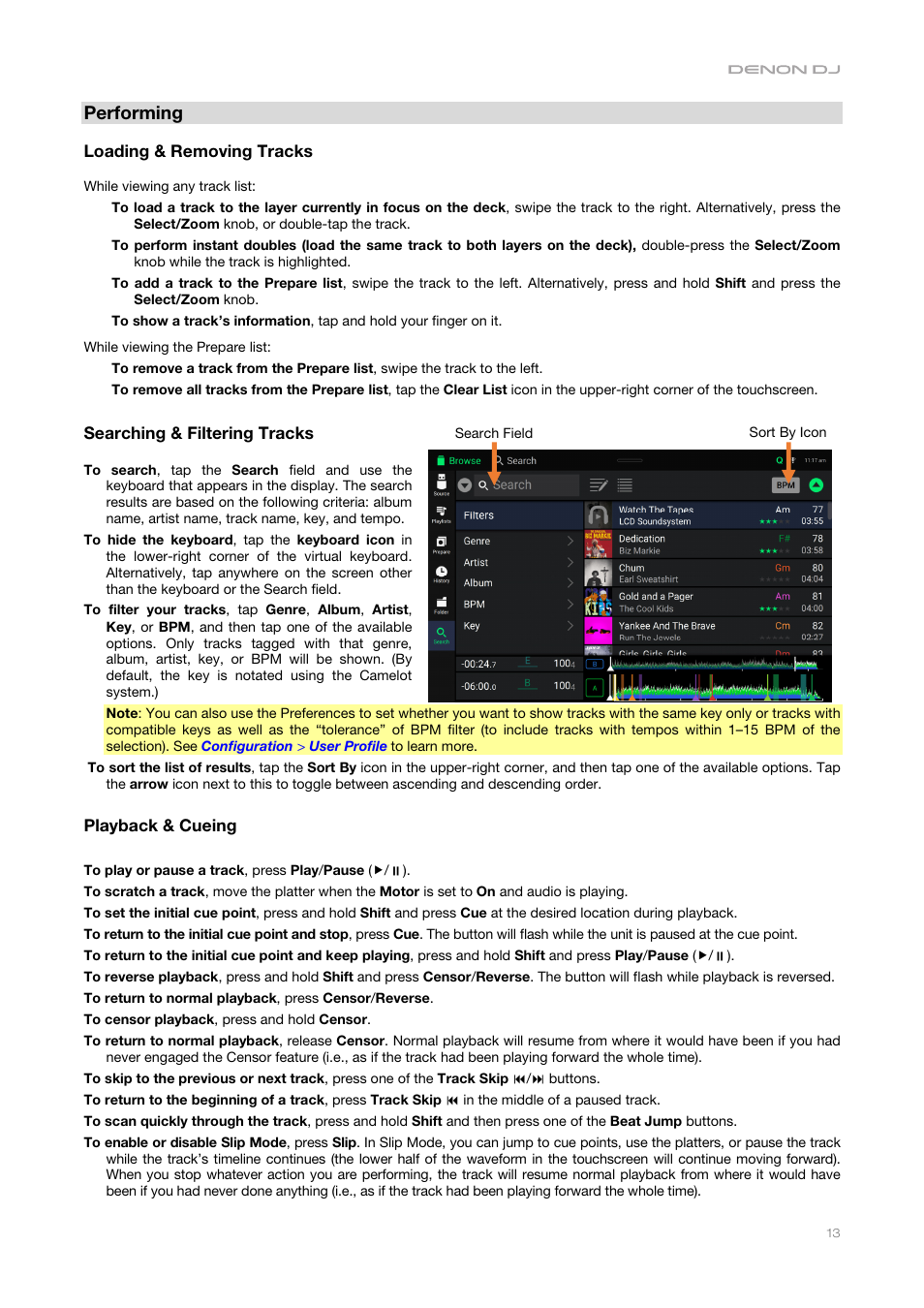 Performing, Loading & removing tracks, Searching & filtering tracks | Playback & cueing | Denon DJ DJ SC6000M Prime Dual-Layer Media Player with 10.1" Multi-Touch Display User Manual | Page 13 / 96