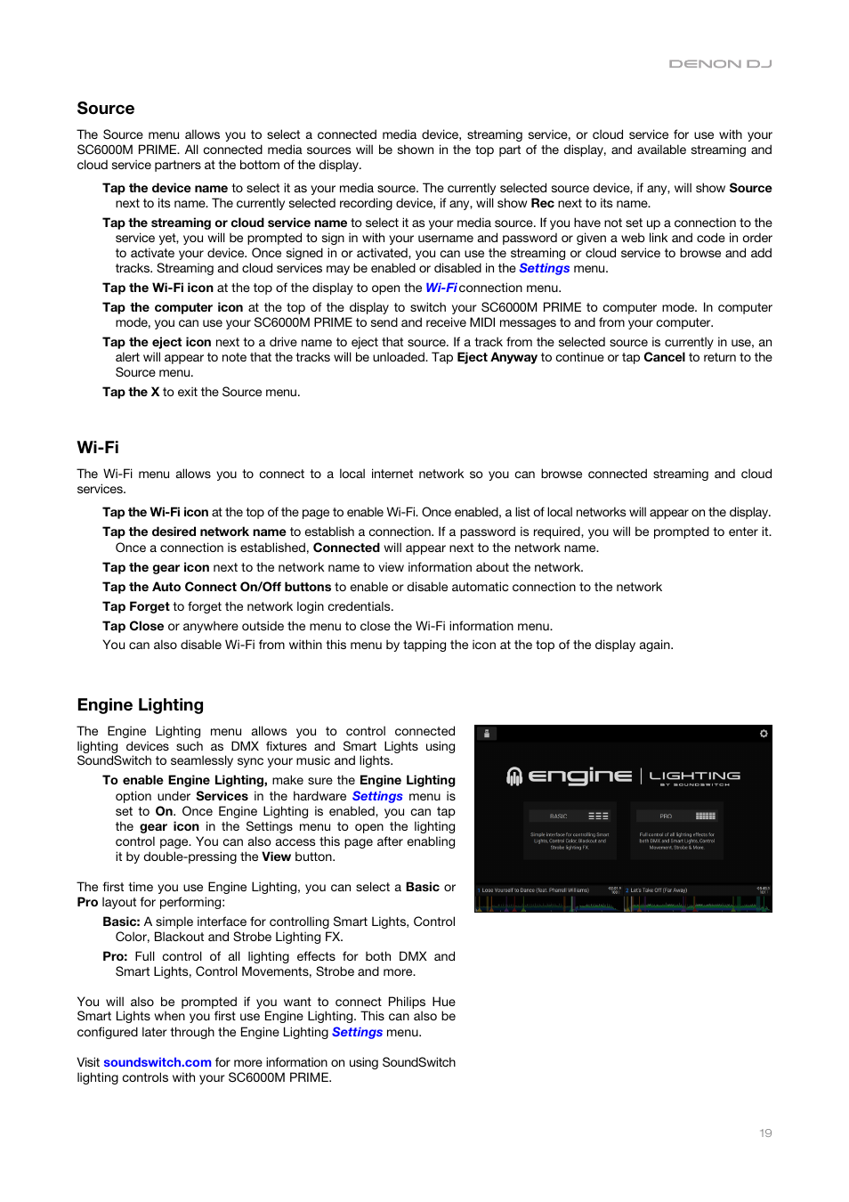 Source, Wi-fi, Engine lighting | Control center > wi-fi | Denon DJ DJ SC6000M Prime Dual-Layer Media Player with 10.1" Multi-Touch Display User Manual | Page 19 / 96